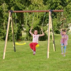 Trigano Piki Kids Wooden Double Garden Swing With Rope Ladder