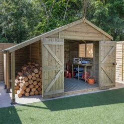 10' X 8' Forest Timberdale 25yr Guarantee Tongue & Groove Pressure Treated Double Door Apex Shed With Logstore (3.07m X 2.36m)