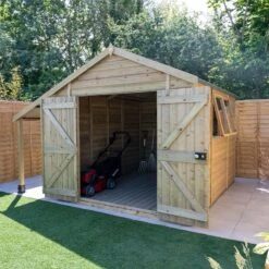 10' X 8' Forest Timberdale 25yr Guarantee Tongue & Groove Pressure Treated Double Door Apex Shed With Logstore (3.07m X 2.36m) -Lifetina Shop 3 tpa810ddmls insitu min 1