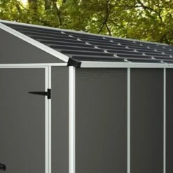 6' X 8' Palram Canopia Rubicon Double Door Plastic Garden Shed - Dark Grey (1.85m X 2.28m) -Lifetina Shop 706807bun 6x8 palram rubicon dd plastic shed grey close up5 min