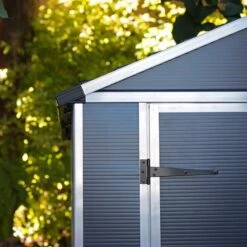 6' X 8' Palram Canopia Rubicon Double Door Plastic Garden Shed - Dark Grey (1.85m X 2.28m) -Lifetina Shop 706807bun 6x8 palram rubicon dd plastic shed grey close up7 min