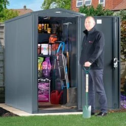 3'6 X 7'4 Asgard Sentry Slimline Metal Shed (1.06m X 2.23m) -Lifetina Shop asgen 3x7 asgard sentry slimline metal shed insitu2 min 2