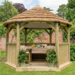 12'x10' (3.6x3.1m) Luxury Wooden Furnished Garden Gazebo With Country Thatch Roof - Seats Up To 10 People