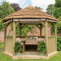 12'x10' (3.6x3.1m) Luxury Wooden Garden Gazebo With Thatched Roof - Seats Up To 10 People -Lifetina Shop hgg36mctrlcin 3.6m gazebo thatch cream furnishing