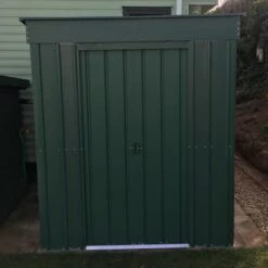 6' X 4' Globel Heritage Green Pent Metal Shed (1.8m X 1.24m) -Lifetina Shop lotus6x4penthgs 6x4 lotus green pent metal shed insitu3 min