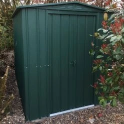 6' X 5' Globel Heritage Green Apex Metal Shed (1.84m X 1.54m) -Lifetina Shop lotus6x5hgs 6x5 lotus green apex metal shed insitu1 min