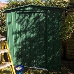 6' X 5' Globel Heritage Green Apex Metal Shed (1.84m X 1.54m) -Lifetina Shop lotus6x5hgs 6x5 lotus green apex metal shed insitu2 min