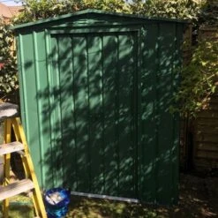 6' X 8' Globel Heritage Green Apex Metal Shed (2.47m X 1.84m) -Lifetina Shop lotus6x8hgs 6x8 lotus green apex metal shed insitu1 min