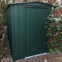 6' X 8' Globel Heritage Green Apex Metal Shed (2.47m X 1.84m) -Lifetina Shop lotus6x8hgs 6x8 lotus green apex metal shed insitu2 min