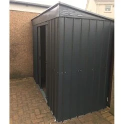 8' X 4' Globel Anthracite Grey Pent Metal Shed (2.42m X 1.24m) -Lifetina Shop lotus8x4pentags 8x4 lotus grey pent metal shed insitu2 min