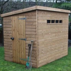 7' X 5' Traditional Shiplap Pent Security Wooden Garden Shed (2.14m X 1.52m) -Lifetina Shop pent security sheds insitu1 min 5