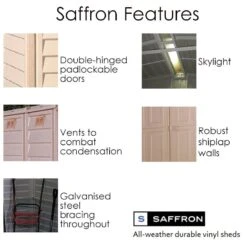 8' X 5'3" Saffron Plastic Vinyl Apex Shed (Includes Foundation Kit And Skylight) (2.39m X 1.6m) 7 8' X 5'3" Saffron Plastic Vinyl Apex Shed (Includes Foundation Kit And Skylight) (2.39m X 1.6m) -Lifetina Shop saffron features min 2