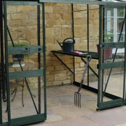 8' X 6' Halls Cotswold Broadway 86 Green Lean-To Greenhouse (2.56m X 1.93m) -Lifetina Shop v01710 8x6 halls cotswold broadway 86 lean to greenhouse green close up1 min