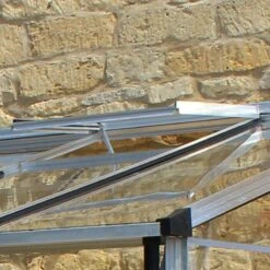 12' X 6' Halls Cotswold Broadway 126 Silver Lean-To Greenhouse (3.76m X 1.93m) -Lifetina Shop v01714 12x6 halls cotswold broadway lean to greenhouse silver close up2 min