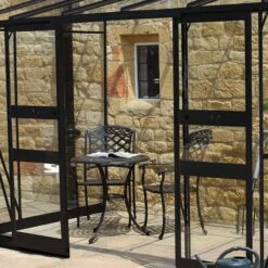 12' X 6' Halls Cotswold Broadway 126 Black Lean-To Greenhouse (3.76m X 1.93m) -Lifetina Shop v01718 12x6 halls cotswold broadway lean to greenhouse black close up1 min
