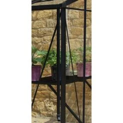 12' X 6' Halls Cotswold Broadway 126 Black Lean-To Greenhouse (3.76m X 1.93m) -Lifetina Shop v01718 12x6 halls cotswold broadway lean to greenhouse black close up3 min